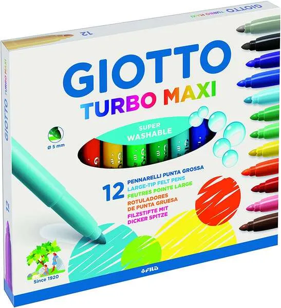 Giotto Turbo Maxi Pack de 12 Rotuladores Punta Gruesa 5mm Tinta Lavable Colores Surtidos