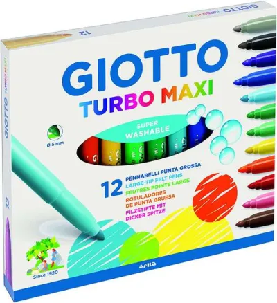 Giotto Turbo Maxi Pack de 12 Rotuladores Punta Gruesa 5mm Tinta Lavable Colores Surtidos