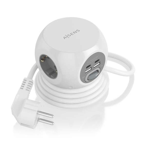 Aisens Regleta De Enchufes Sobremesa Multifuncion Con 3 Tomas + 2Xusb-C - 2Xusb-A - 1.4M - Color Blanco