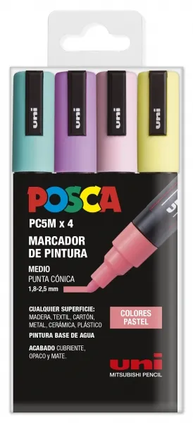 Posca Pc-5M Pack De 4 Marcadores De Pintura - Punta De Bala 1.8-2.5Mm - Tinta Base Al Agua - No Permanente - Resistente A La Luz - Colores Pastel Surtidos