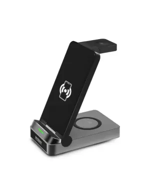 Urban Factory Powee Pro Cargador Inalambrico 3 en 1 con Funcion Soporte 22.5W - Smartphone / Smartwatch / Auriculares - Color Negro