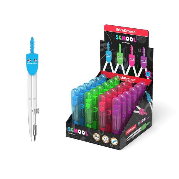 Erichkrause Compas De Metal School 120Mm - Radio Maximo 18 Cm - Estuche De Plastico Con Regla Incluida - Colores Neon - Caja De Plastico Con Colgador
