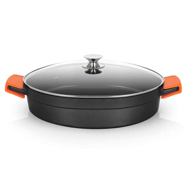 Orbegozo Cdb Cacerola Baja Serie 10.5L - Aluminio Fundido Indeformable - Asas De Silicona - Apta Para Todo Tipo De Fuegos - Superficie Antiadherente - Tapa De Cristal Templado