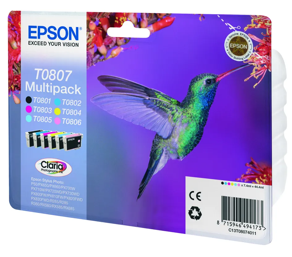 Epson T0807 Pack de 6 Cartuchos de Tinta Originales para Impresoras