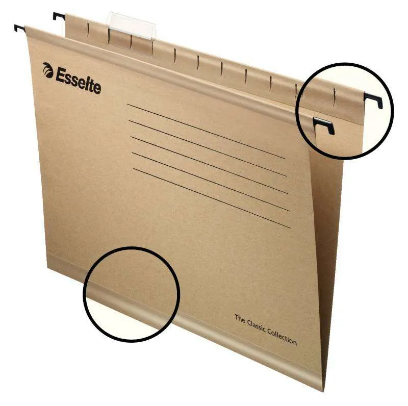 Esselte Classic Folio Pack De 50 Carpetas Colgantes Reforzadas Folio - Incluye Visores De Plastico Transparente Y Etiquetas Blancas - 100% Carton Kraft Reciclado - Color Marron Kraft