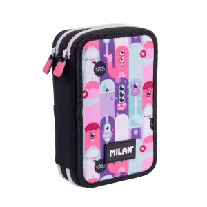Milan Aliens 2 Plumier Rosa de 2 Pisos con Regla, Sacapuntas, Gomas, Lápices y Rotuladores