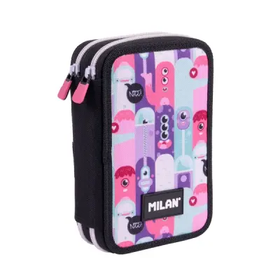 Milan Aliens 2 Plumier Rosa de 2 Pisos con Regla, Sacapuntas, Gomas, Lápices y Rotuladores