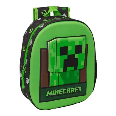 Safta Mochila 3D Minecraft Verde y Negro con Portabotellas y Hombreras Acolchadas 27x33x10cm