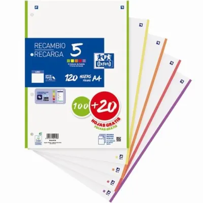 Oxford Recambio Classic 100H + 20H Gratis A4 Sueltas 90g Liso 4 Taladros 5 Bandas Colores Vivos