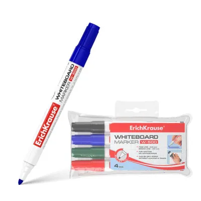 ErichKrause W-500 Pack de 4 Rotuladores para Pizarra Blanca - Punta Bala - Trazo 0.8 a 2.5mm - Tinta Alcohol - Colores Azul, Negro, Rojo, Verde