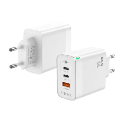 Aisens Cargador GAN 65W, 2xUSB-C PD3.0 QC4.0, 1xUSB-A QC3.0, Blanco