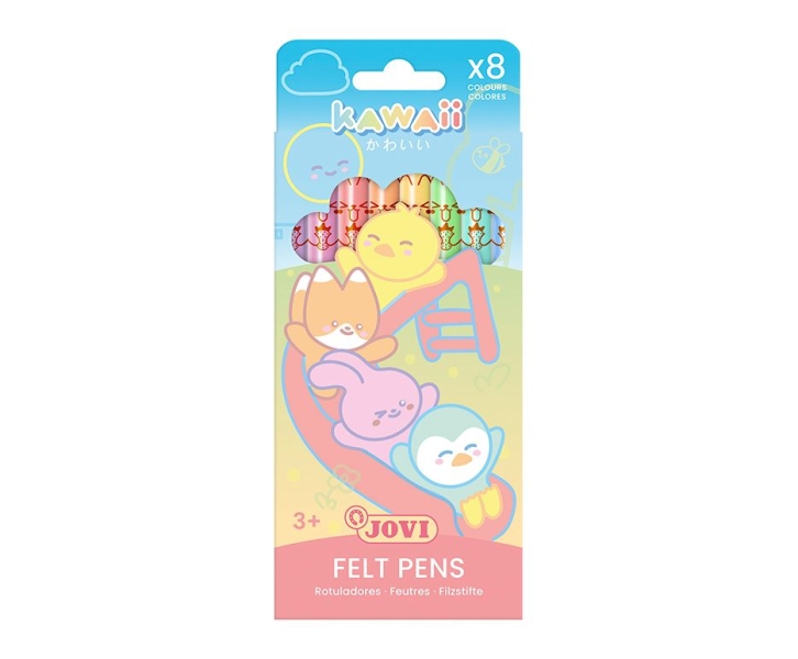 Jovi Kawaii Felt Pens Pack Con 8 Rotuladores Punta Media De 3Mm - Capuchon De Seguridad Ventilado - Grip Triangular Ergonomico - Colores Surtidos
