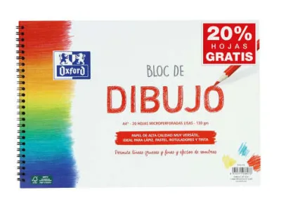Oxford Bloc De Dibujo Escolar Espiral A4+ Liso 20 Hojas Microperforadas 130gr