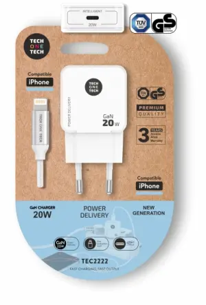 TechOneTech Cargador de Pared Ultrarrápido GaN 20w Blanco + Cable Apple