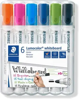 Staedtler Lumocolor 351 Pack de 6 Marcadores para Pizarra Blanca - Secado Rápido - Colores Surtidos