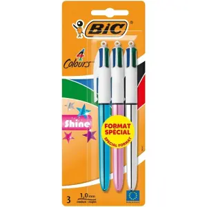 Bic 4 Colours Shine Pack de 3 Bolígrafos Retráctiles - Punta 1mm - Cuerpo Oro/Blanco