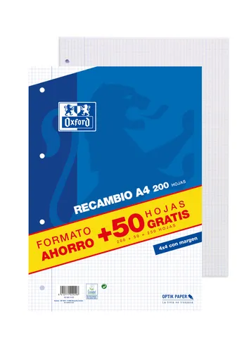 Oxford Recambio 200H + 50H A4 Sueltas 90Gr 4X4Mm C/Margen 4 Taladros