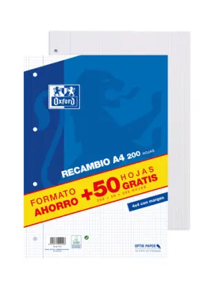 Oxford Recambio 200H + 50H A4 Sueltas 90g 4x4mm Con Margen 4 Taladros