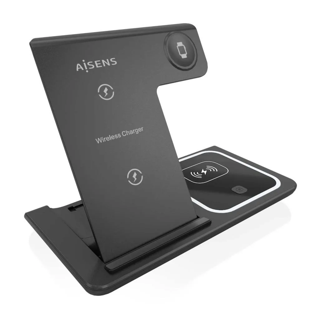 Aisens Cargador Inalambrico Usb-C 3 En 1 De 15W Movil, Apple Wacht, Auriculares Con Estuche De Carga, Negro