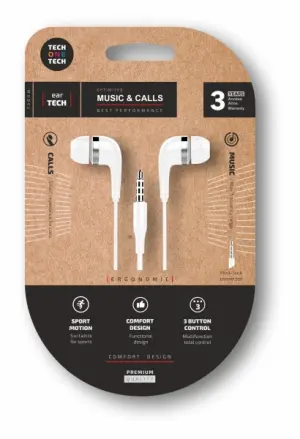 TechOneTech Soft EearTech Auriculares Intraurales - Microfono Integrado - Mini Jack 3.5mm - Cable de 1.20m - Blanco