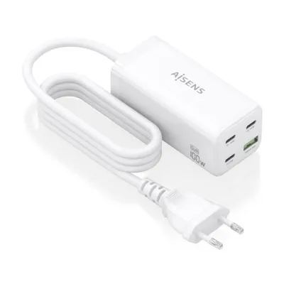 Aisens Cargador GAN 100W - 3xUSB-C PD3.0, QC4.0, QC5.0, 1xUSB-A QC3.0, Cable 1.4m, Blanco