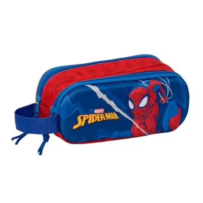 Safta Portatodo 3D Spider-Man, 2 Compartimentos, Asa Lateral, 1L, 21x8x6cm, Rojo y Azul