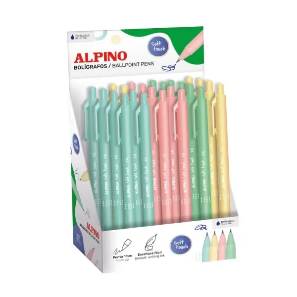 Alpino Soft Touch Expositor Con 24 Bolígrafos Retráctiles Punta 1mm Tinta Azul Colores Pastel