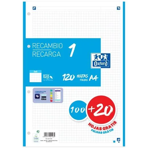 Oxford Recambio Classic 120 Hojas A4 Sueltas 90Gr 5X5Mm 4 Taladros 1 Banda Color Azul Turquesa
