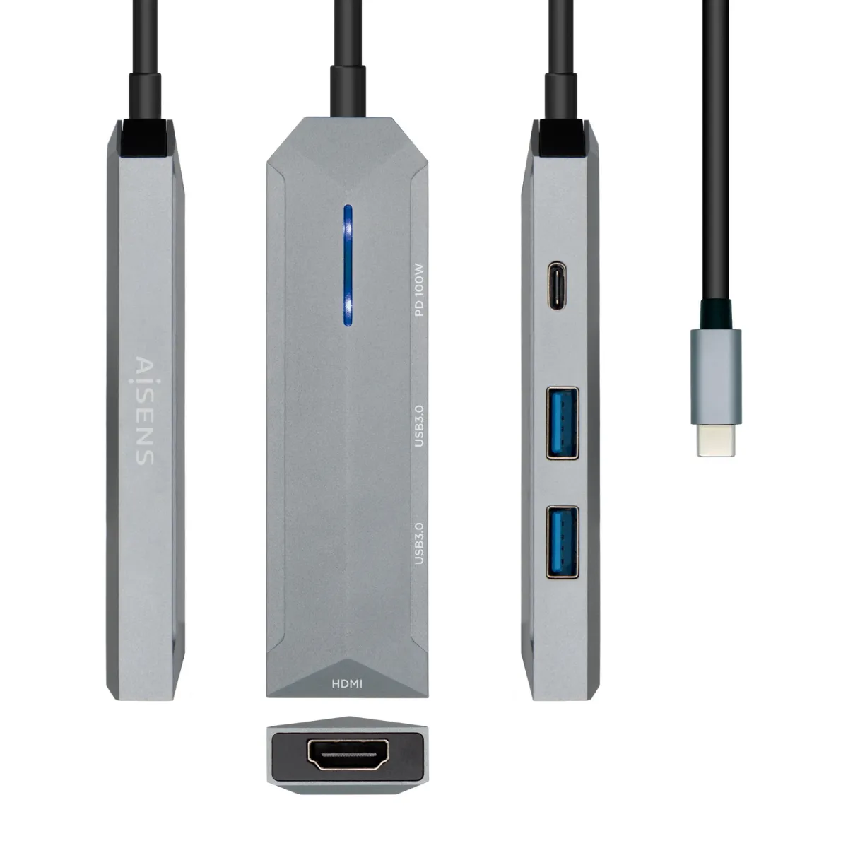Aisens USB-C Dock 4 en 1 con 1xHDMI, 2xUSB, 1xPD, 15cm, Color Gris