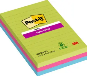POST-IT BLOC NOTAS ADHESIVAS SUPER STICKY CON LÍNEAS 90H FORMATO GRANDE 102X152 C/SURTIDOS PAQUETE 3 UD