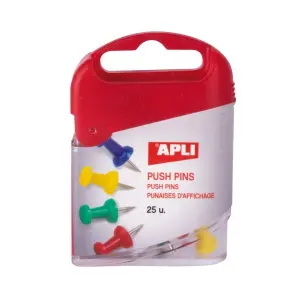 Apli Caja de 25 Agujas Push Pins con Cabeza Plástica y Punta Metálica - Colores Surtidos