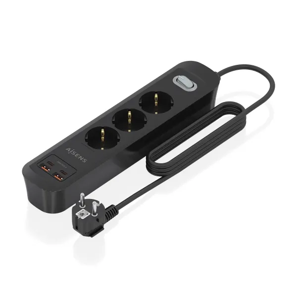 Aisens Regleta Con 3 Tomas Schuko - 2Xusb-C - 2Xusb-A - Cable De 1.4M - Interruptor Con Indicador Led - Power Delivery - Qualcomm 3.0 - Color Negro