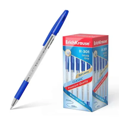 ErichKrause R-301 Bolígrafo de Bola 1.0mm con Grip de Goma, Tinta de Secado Rápido, Azul