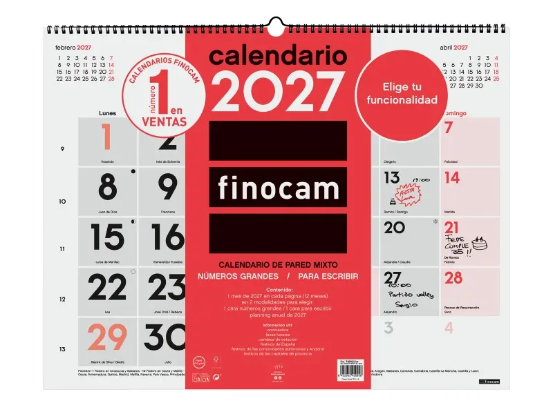 Finocam Calendario de Pared Anual 2027 XL 540x420mm Espiral Doble Rojo y Blanco