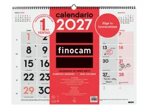 Finocam Calendario de Pared Anual 2027 XL 540x420mm Espiral Doble Rojo y Blanco