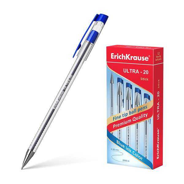 Erichkrause Boligrafo Ultra-20 - Punta Metalica De Tipo Aguja - Cuerpo Redondo Transparente Con Grip - Tinta De Baja Viscosidad - Color Azul