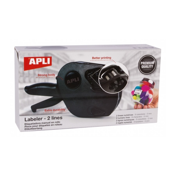 Apli Maquina Etiquetadora De Precios Premium - 2 Lineas - 9 Caracteres - Facil Uso - Instalacion Rapida - Correa De Muñeca - Incluye Cartuchos Y Rollo De Etiquetas