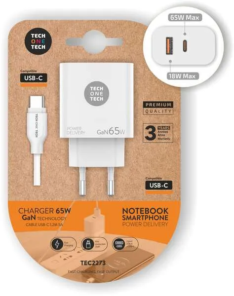 TechOneTech Cargador de Pared GaN PD 3.0 65W - Para Portatiles y Smartphones - Cable USB-C a USB-C 1m