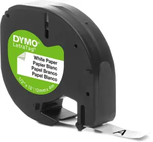 Dymo Cinta 91200 Negra Sobre Blanco 12mm x 4m Papel Rotuladora LetraTag