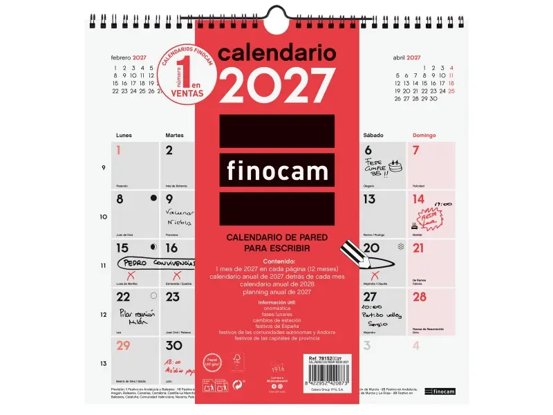 Finocam Calendario de Pared Anual 2027 Mes Vista 300x300mm Espiral Doble Rojo y Blanco