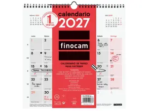 Finocam Calendario de Pared Anual 2027 Mes Vista 300x300mm Espiral Doble Rojo y Blanco