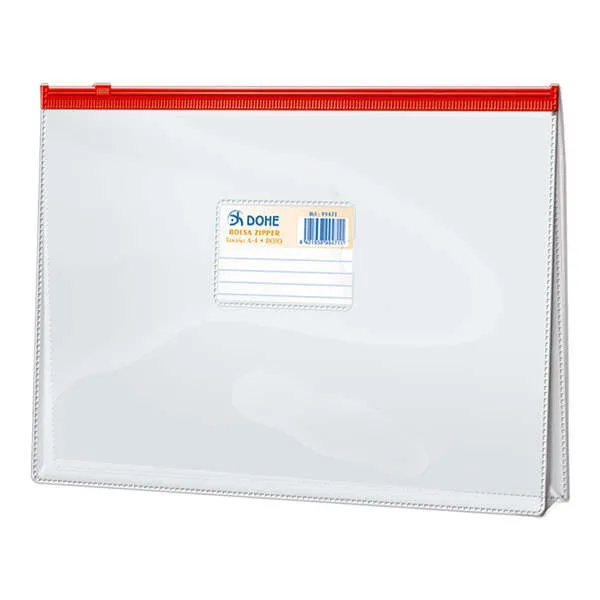 Dohe Bolsa Zipper Folio Apaisado Pvc Transparente 150 Micras - Apertura Superior - Cierre Zip Hermetico En Color Rojo