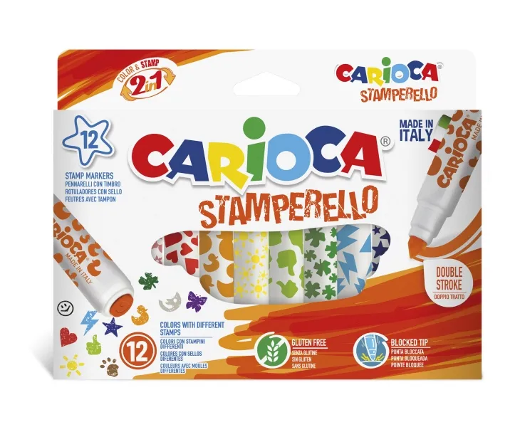 Carioca Stamperello Pack De 12 Rotuladores De Doble Punta - Punta Conica - Punta Con Sellos - Tinta Lavable - Color Varios
