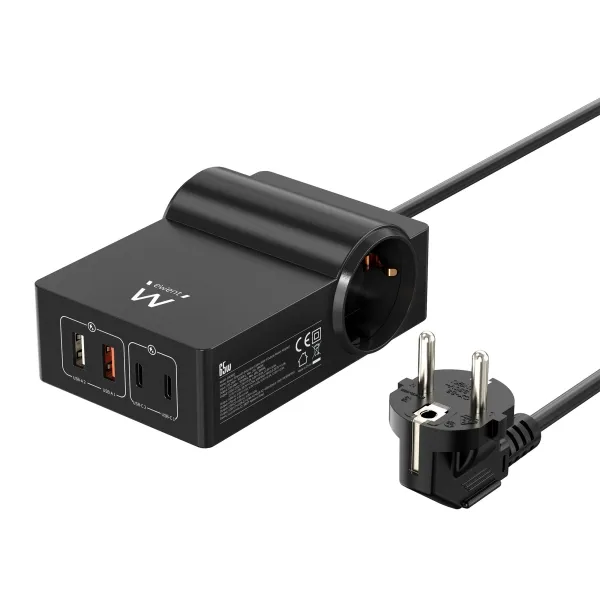 Ewent Cargador Usb Con 2 Tomas De Corriente Tipo Schuko 16A - 65W Gan - 2X Usb-A - 2X Usb-C - Cable De 1.5M - Proteccion Infantil - Proteccion Contra Sobrecorriente Y Sobretensiones - Color Negro