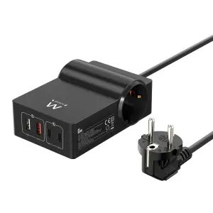 Ewent Cargador USB 65W GaN con 2 Tomas Schuko, 2x USB-A, 2x USB-C, 1.5m, Negro