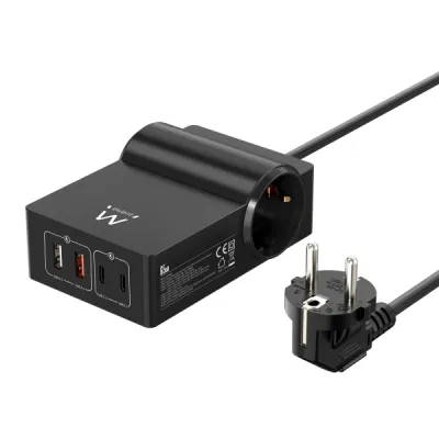 Ewent Cargador USB 65W GaN con 2 Tomas Schuko, 2x USB-A, 2x USB-C, 1.5m, Negro