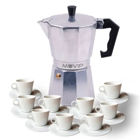 Muvip Mv0602 Cafetera De Aluminio - Capacidad 9 Tazas - Mango Ergonomico - Antiadherente - Apta Para Placas Electricas, Vitroceramicas Y Gas - Color Aluminio
