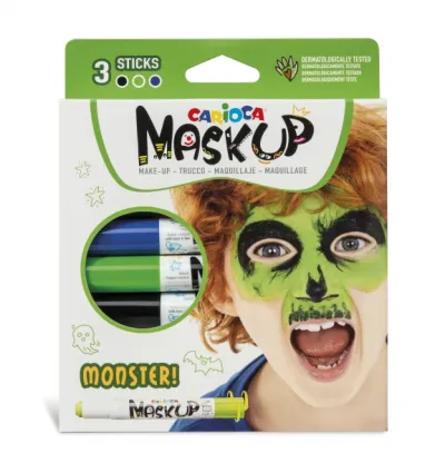Carioca Mask Up Monsters Pack De 3 Colores Para La Piel En Barra - Colores Brillantes - Lavables Y Base Agua - Incluye Dos Tutoriales Paso A Paso - Colores Azul, Verde Y Negro