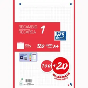 Oxford Recambio Classic 120 Hojas A4 Sueltas 90g 5x5mm 4 Taladros Banda Roja