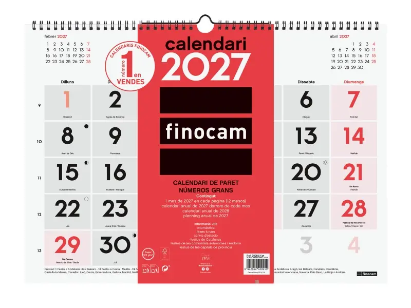 Finocam Calendario de Pared Anual 2027 en Catalán - Formato L - 430x310mm - Espiral Doble - Papel 120g/m2 - Números Grandes - Rojo y Blanco